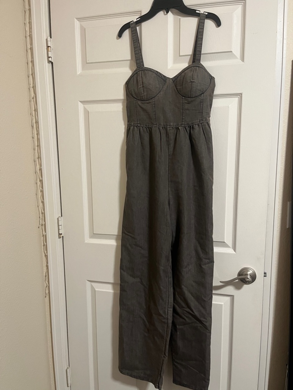 Bustier-Strap Wide-Leg Jumpsuit in Charcoal Gray